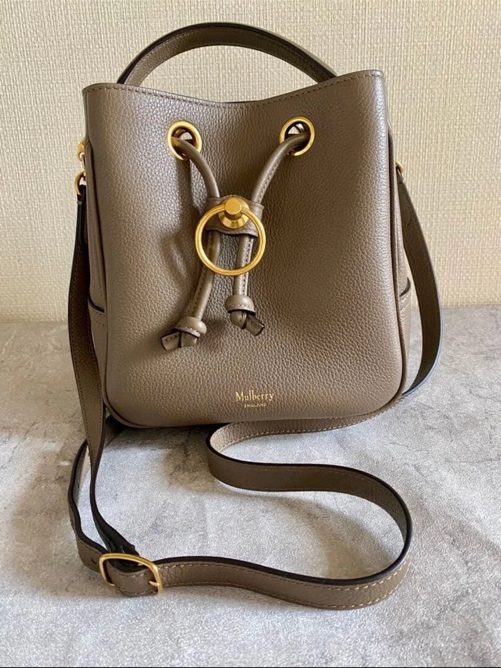 Mulberry Taupe Pebbled Leather Drawstring Crossbody Bag